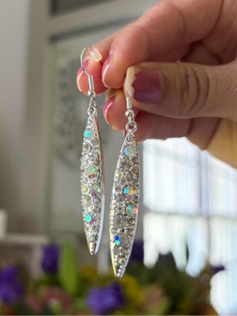 Silver Crystal Dangle Earrings with Aurora Borealis Accents